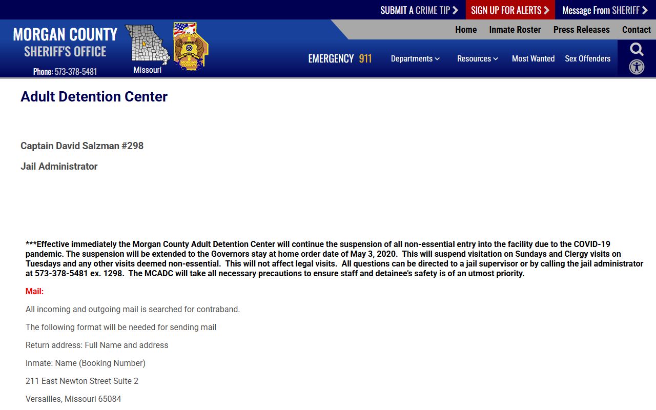 Morgan County Adult Detention Center visitation mail and deposit rules