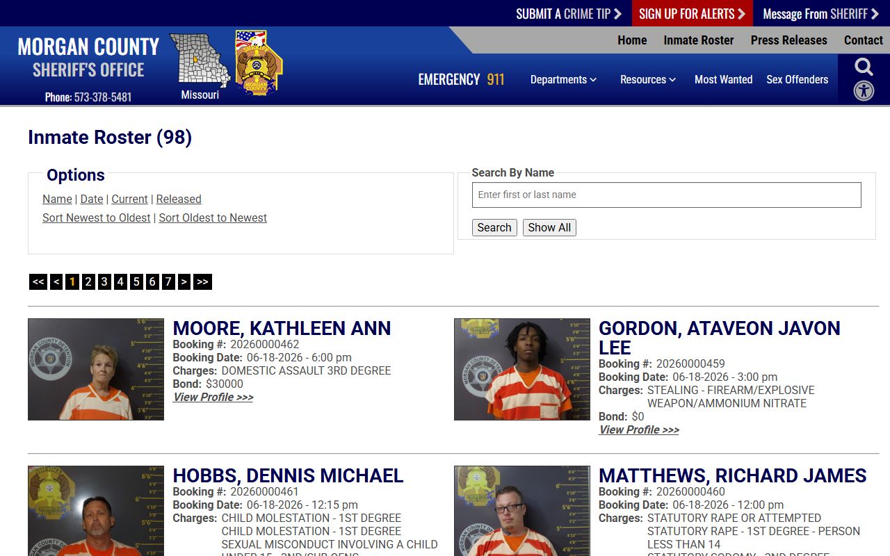 Morgan County inmate roster with booking photos and custody fields